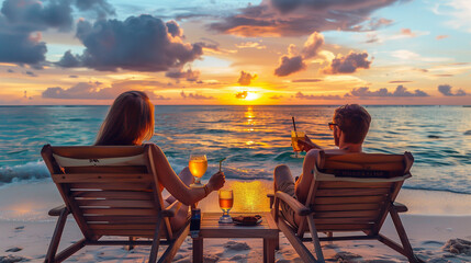 Wall Mural - Two People Enjoying Sunset at Beach Table