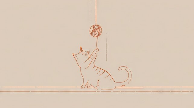   A cat playfully chasing a dangling ball on a wire while a wire spool is nearby