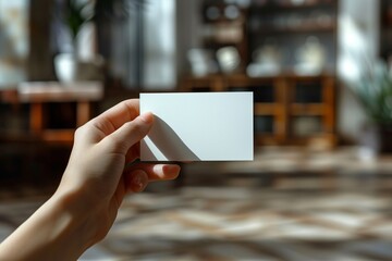 A hand holding a white business card. The card is blank and has no writing on it. Concept of professionalism and formality, as business cards are typically used for networking