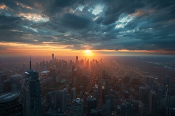 Poster - Captivating urban sunset silhouette with vibrant orange and golden hour sky over the city skyline and skyscrapers. Perfect for travel, tourism, and cityscape enthusiasts