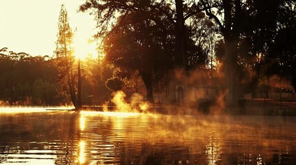 Poster -   A water body enclosed by trees exudes steam while sunlight filters through the foliage