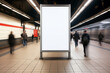 © FATNA - Blank billboard mock up in a subway station with walking people, underground interior. Urban light box inside advertisement metro vertical