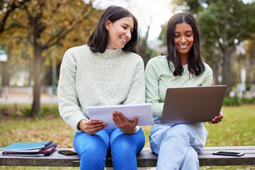 Poster - Students, laptop and friends in a park with learning, research and exam info on campus. Happy, school and university women with notes, online and college test with a computer outdoor on garden bench