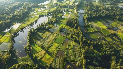 Canvas Print -   Aerial view of a river running through a lush green field and a forest