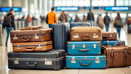 Pile of luggage at airport. Stacked suitcases in aerodrome baggage area.