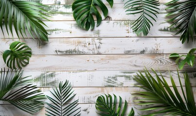 Wall Mural - Green flat lay tropical palm leaf branches on white wooden planks background. Room for text, copy, lettering.