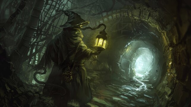 Wizard with a lantern in a dark forest cave for fantasy or horror themed designs