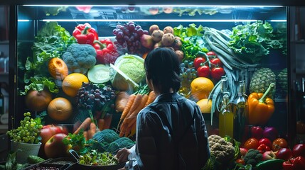 Woman looking at a variety of fresh vegetables and fruits for a healthy lifestyle and dietary inspiration