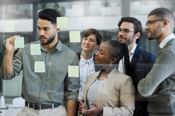 Poster - People, employee and glass board for strategy with teamwork, collaboration and planning. Brainstorming, ideas and vision or mission for project at workplace with sticky notes for solution and agenda