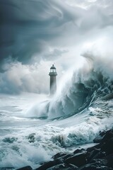 Tsunami wave crashing into a lighthouse. Natural disaster and cataclysm concept. Design for banner, wallpaper. Dramatic background with sea storm