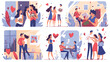 © Pixel - Cards set with couples dating in various romantic p