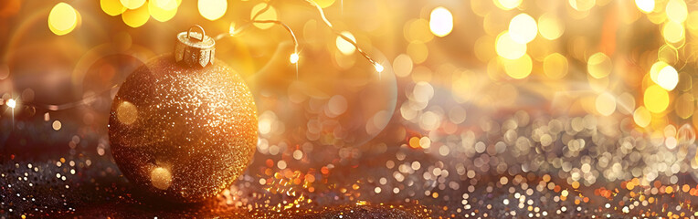 A gold christmas ball sits on a gold background Shiny Festive Decoration background
 