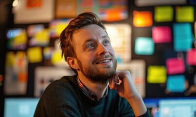 A creative smiling digital marketer surrounded by screens displaying his successful e-commerce campaigns