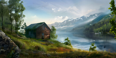 A cabin is nestled in a lush green field with a beautiful view of the mountains in the background.