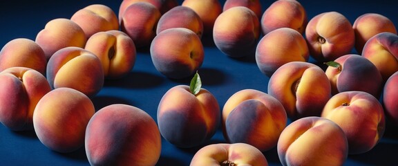 Fresh peach fruits on dark blue. Top view flat lay