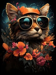 Wall Mural - Cat with Bow Tie and Glasses Tee