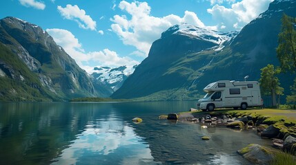 Wall Mural -  Parked modern Rv camping on beautiful mountain panoramic nature. Holiday trip in motorhome.