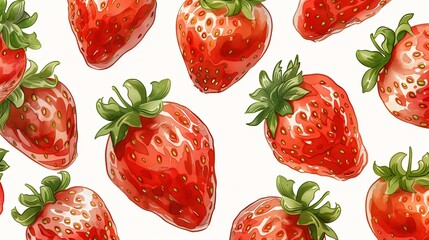 Wall Mural - Watercolor pattern of fresh and juicy strawberries on white background, top view