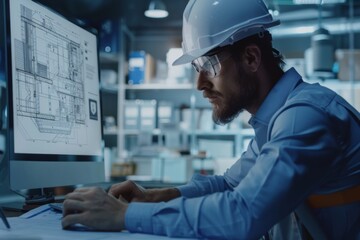 Wall Mural - A man wearing a hard hat and safety glasses is working on a computer