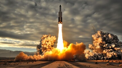 Canvas Print - A rocket is taking off from a launch pad with smoke coming out of it, AI