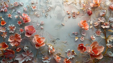 Wall Mural - Volumetric flowers on a plastered wall