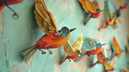 Wall Mural - Decorative exotic birds on an old wall.