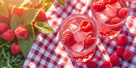 Glasses of raspberry lemonade with ice cubes on red checkered picnic cloth outdoors