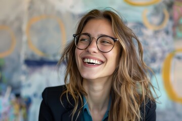 Wall Mural - A woman with long brown hair and glasses is smiling