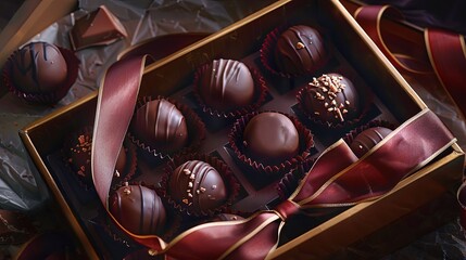 Poster - Elegant box of chocolate truffles adorned with a red ribbon, showcasing a luxurious presentation and rich dark colors. Generative AI