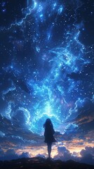 Wall Mural - A lone person gazes upward at the mesmerizing expanse of the star-filled night sky A woman standing on a hill looking at the stars.