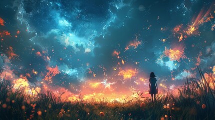 Wall Mural - A lone person gazes upward at the mesmerizing expanse of the star-filled night sky A woman standing on a hill looking at the stars.