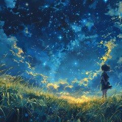 Wall Mural - A lone person gazes upward at the mesmerizing expanse of the star-filled night sky A woman standing on a hill looking at the stars.