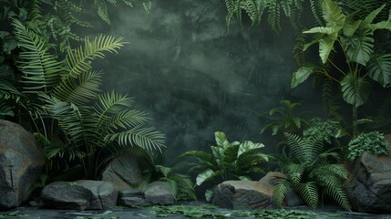 Wall Mural - Tropical rainforest scene in 3D rendering featuring abundant green plants and natural lighting, ideal for exotic and serene visuals.