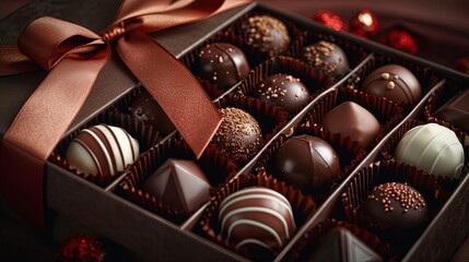 Poster - A detailed and elegant box of chocolate truffles adorned with a rich brown ribbon for a luxurious presentation. Generative AI