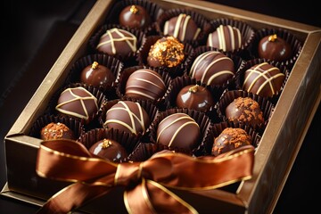 Poster - High-detail box of chocolate truffles adorned with elegant ribbon in rich dark colors. Generative AI