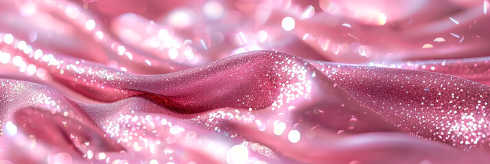 Wall Mural - Textured pink fabric appearance with sparkling light particles. Elegant pink silk waves adorned with shimmering bokeh. Flowing pink glitter waves with a magical bokeh effect