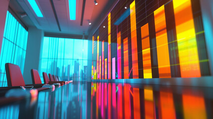 Wall Mural - A bar chart with tall, colorful bars reaching towards the ceiling, displayed on a massive screen in a brightly lit conference room. 