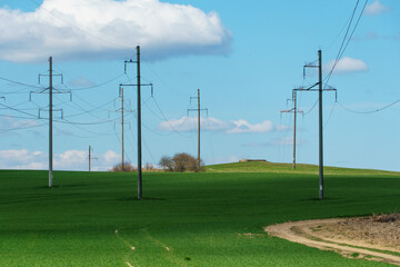 Wall Mural - Power lines in an agricultural field. The support of an overhead power line in a wheat field against the background of clouds.