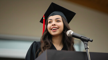 Wall Mural - Smiling young female graduate delivering a speech at graduation
