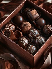 Aufkleber - High-detail box of elegant chocolate truffles with ribbons on a table, luxurious presentation. Generative AI