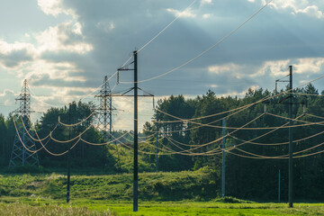 Wall Mural - Power lines running through the forest. The support of an overhead power line. Natural landscape and technological progress.