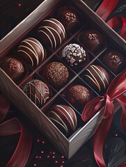 Poster - Detailed painting of an elegant box of chocolate truffles, adorned with a vibrant red ribbon. Generative AI