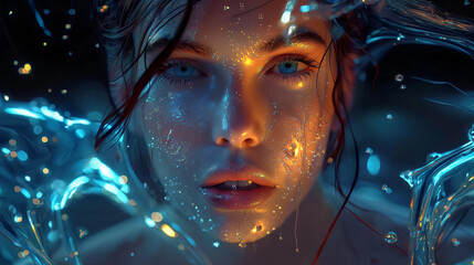 Closeup Shot of a Beautiful Woman with Glowing Aqua Blue Eyes Underwater