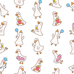 Wall Mural - Funny farm duck characters. Seamless pattern. Cute cartoon kawaii goose. Hand drawn style. Vector drawing. Design ornaments.