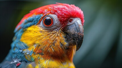 Wall Mural -   A colorful bird with red, yellow, and blue feathers is looking at the camera with a blurry background