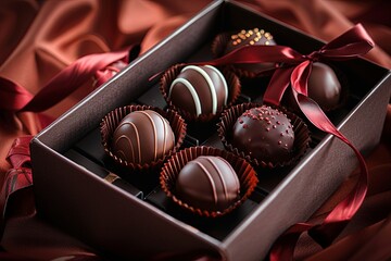 Poster - Elegant box of chocolate truffles adorned with a vibrant red ribbon, showcasing a luxurious and rich color palette. Generative AI
