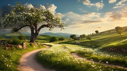Idyllic countryside scene with a winding dirt road and wildflowers in bloom