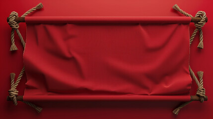 Wall Mural - Red textile banner with folds. Blank hanging fabric template wall background.