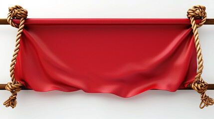 Wall Mural - Red Empty fabric red Banner Mock up with folds on ropes. red wall background.