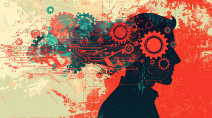 Fototapete - Artistic representation of a human profile blended with digital gears, depicting ai and cognition